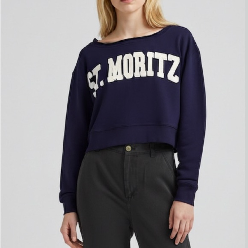 NWT Wild Fable St. Moritz Navy Off-Shoulder Sweatshirt Alpine Apres Ski Mtn New